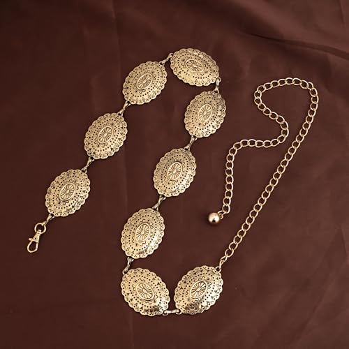 ILuvatar Western Metal Concho Belt for Women Cowgirl Waist Chain for Women Dress Pants Adjustable - color: Gold-t65