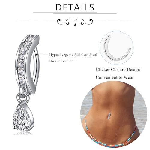 MODRSA Dangle Belly Button Ring Dangling Silver Gold Dangly Belly Piercing Jewelry Hypoallergenic Surgical Steel Butterfly Flower Navel Rings for Women Clicker Navel Piercings Pink - color: B1-Dangle Trendy 2pcs -silver