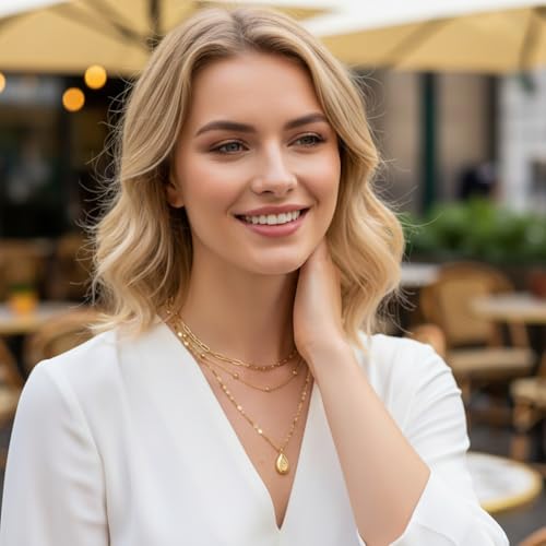 Gold Layered Necklaces for Women, 14K Gold Plated Paperclip Snake Chain Necklace Set, Dainty Coin Cross Tear Pendant Layering Choker Necklaces, Simple Trendy Stackable Jewelry Gifts - color: 3PCS / Teardrop & Chain& Chain