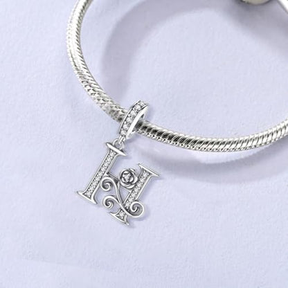 LNQOBU Complete A~Z Alphabet Charm Letter Beads, Solid 925 Sterling Silver with Cubic Stones Rose Alphabet Charm fits Pandora Bracelets Necklace Women Jewelry - color: CYT-H