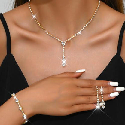 Bride Silver Bridal Necklace Earrings Set Crystal Wedding Jewelry Set Rhinestone Choker Necklace for Women and Brides - color: E Gold