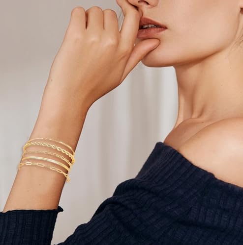 Women's 14K Gold Plated Bracelet Set, Thin Dainty Stackable Chain for Layering, Cuban Link & Paperclip Style Fashion Jewelry, Elegant Gift for Her