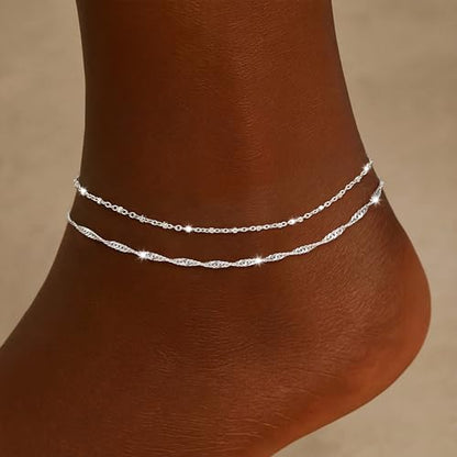Moodear Ankle Bracelets for Women 14K Silver Plated Layered Chain Anklets | Waterproof Non Tarnish Adjustable Double Layer Anklet with Satellite Bead Chain Design for Summer Beach Jewelry Gift - color: silver-4