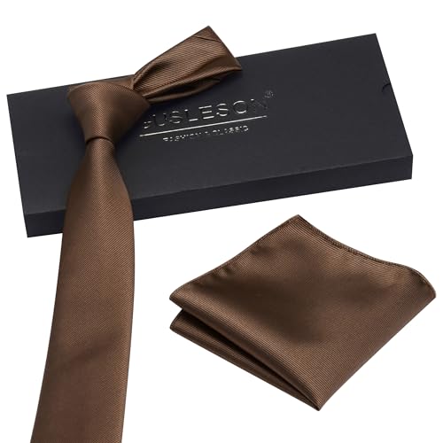 GUSLESON 2.4" Slim Necktie and Handkerchief Set For Men Solid Skinny Tie Set - color: Dark Brown