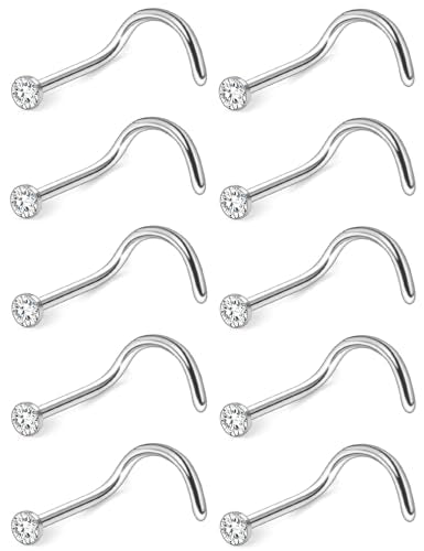 Hoeudjo Nose Studs Surgical Steel Cubic Zirconia Nose Rings Kit for Women Men Tiny Nose Stud Bone & Screw & L Shaped Nostril Piercing Jewelry 18/20/22/24 Gauge 10 Pieces - color: silver-tone,screw nose studs, size: 18g/2mm clear CZ