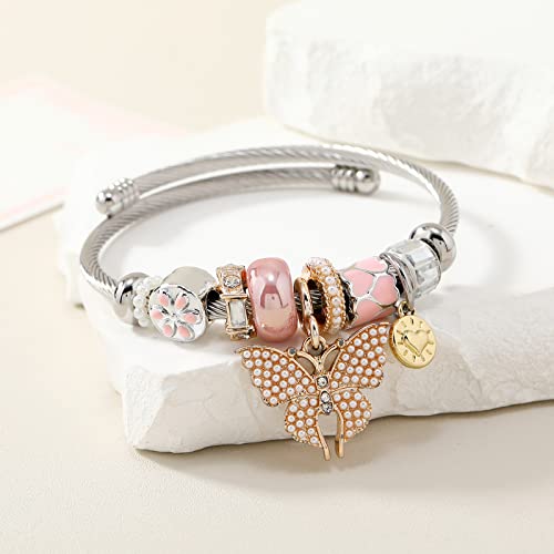 DS Charm Bracelets for girls,exquisite cute cartoon friendship bracelets Silver Stainless Steel Bangle with birthday Gift box, Adjustable girls jewelry Suitable for holiday gifts - style: Silver-pink butterfly2