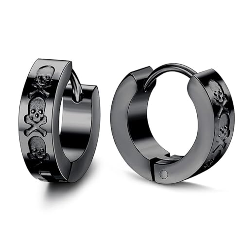 Aroncent 2-8Pcs Womens Mens Huggie Hoop Triangle Earrings Viking Runes Stainless Steel Ear Stud Novelty Black/Gold/Silver - color: D-Skull Hoop Earrings-Black