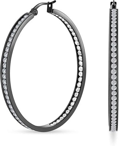 Stainless Steel Inside Out 40mm Hoop Earrings for Women – Sparkling CZ Crystal Hoops, Hypoallergenic, Lightweight, Modern Everyday Earrings – Silver, 18K Gold Plated, & Black Options - color: Black