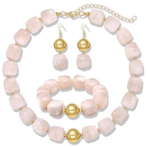 BVGA Colorful Chunky Beaded Necklaces for Women Boho Statement Resin Bead Choker Necklace Bracelet Earrings Trendy Summer Beach Surfer Jewelry Accessory Gifts - color: Blush Ivory