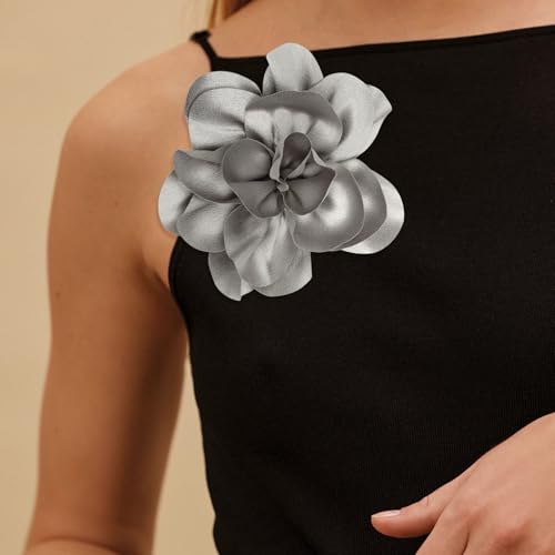 2Pack 6inch Extra Large Satin Brooches Lapel Pins Dainty Elegant Fabric Camellia Rose Flower Brooch Pin for Women Wedding Part Dance Clothes Accessories Jewelry - color: Grey