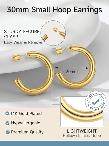 PROSTEEL Chunky Hoop Earrings for Women 14K Gold Plated/Black/Silver | 20/30/40/50/60/70/80mm Stainless Steel Thick Big Round Hoop with Waterproof and Non Tarnish Trendy Jewelry with Gift Box - color: 2. Gold, size: 30MM
