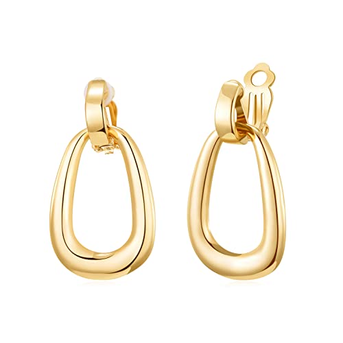Gold Metal Clip On Earrings for Women Non Pierced Dangle Drop Earrings Multiple Styles - color: gold geometric