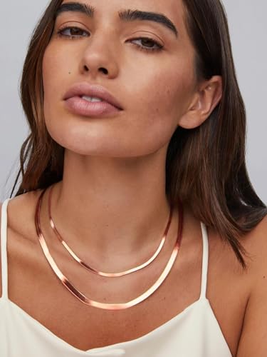 ChainsHouse Flat Snake Chain Herringbone Choker Necklace for Women, Stainless Steel/Rose Gold/18K Gold Plated Dainty Adjustable Simple Short Layered Necklaces, 12"/15"/18" with 3.5" Extender - color: b. layered-3mm+5mm-rose gold
