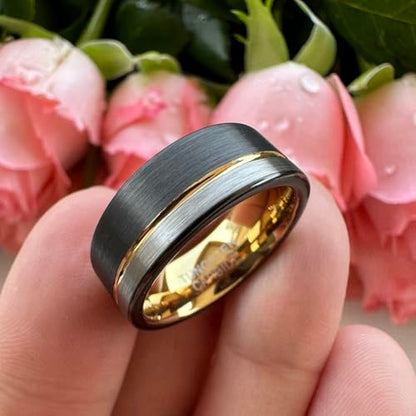 TUTISS 8mm Black/Blue/Gold/Rose Gold Tungsten Rings for Men Women Fashion Engagement Wedding Bands Brushed Finish Offset Line Comfort Fit - color: 8mm Black Gold Tungsten