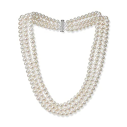 VN Jewelry Womens Elegant And Classic AA Grade 7mm White Freshwater Pearl Necklace Three-Strand Style