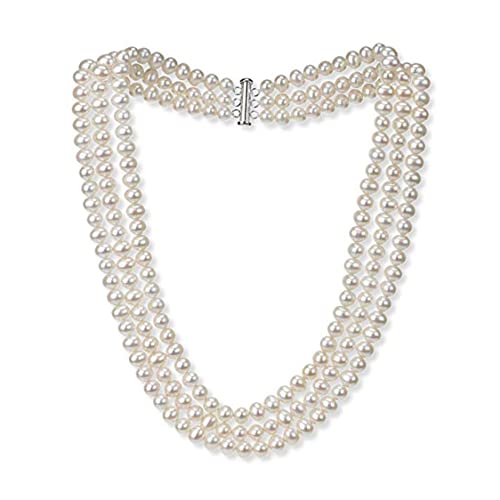 VN Jewelry Womens Elegant And Classic AA Grade 7mm White Freshwater Pearl Necklace Three-Strand Style