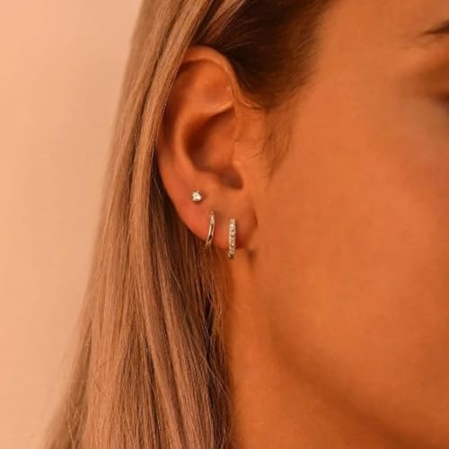 Sterling Silver Earrings Stacks for Women, Hypoallergenic Cartilage Earring | Dainty Stud Huggie Hoop Dangle Chain Earrings, 14K Gold/White Gold Plated - color: 3Pairs-Gold Stud Hoops Set