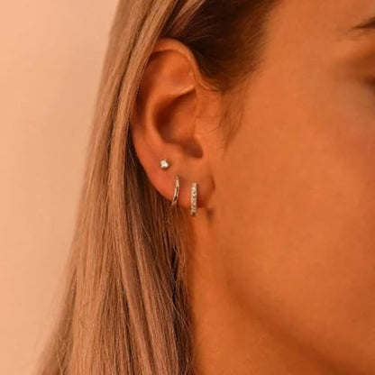 Sterling Silver Earrings Stacks for Women, Hypoallergenic Cartilage Earring | Dainty Stud Huggie Hoop Dangle Chain Earrings, 14K Gold/White Gold Plated - color: 3Pairs-Gold Stud Hoops Set
