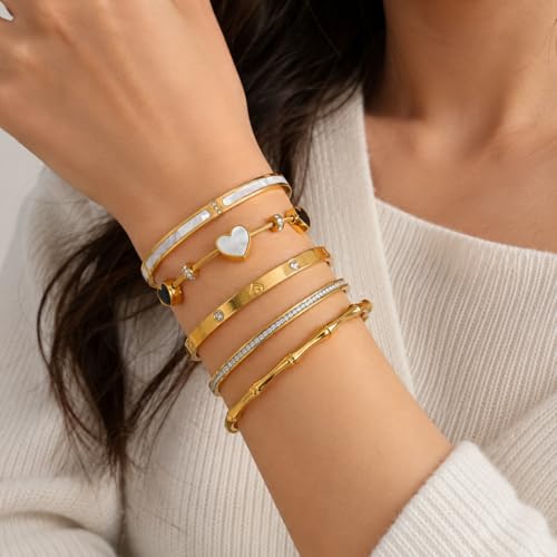 Gold Bangle Bracelets for Women, 5Pcs 18K Gold Plated Stainless Steel Stackable Bangle Bracelet Set, Waterproof Non-Tarnish Bangles with Cubic Zirconia, Gifts for Women