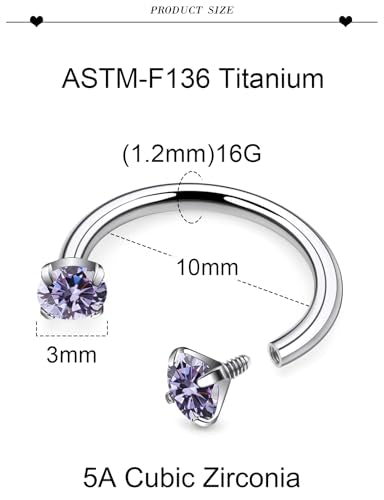 16G F136 Titanium Internal Thread Horseshoe Septum Nose Ring Piercing Jewelry Circular Barbell Helix Snug Tragus Rook Daith Cartilage Earring Lip Ring Piercing Jewelry for Women Men 8MM 10MM - style: 16G, 10MM Length, Purple CZ