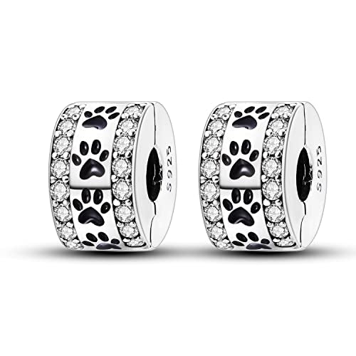 Parmuz Clip Spacer Charm for Bracelet 925 Sterling Silver Stopper Beads | Pave Lock Stopper Charm for Necklace Pink Daisy Butterfly Cubic Zirconia Openable Beads Jewelry Gift for Woman - color: 2pcs paw print pave clip charm