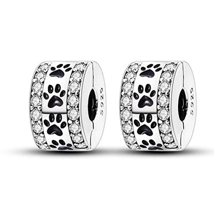Parmuz Clip Spacer Charm for Bracelet 925 Sterling Silver Stopper Beads | Pave Lock Stopper Charm for Necklace Pink Daisy Butterfly Cubic Zirconia Openable Beads Jewelry Gift for Woman - color: 2pcs paw print pave clip charm