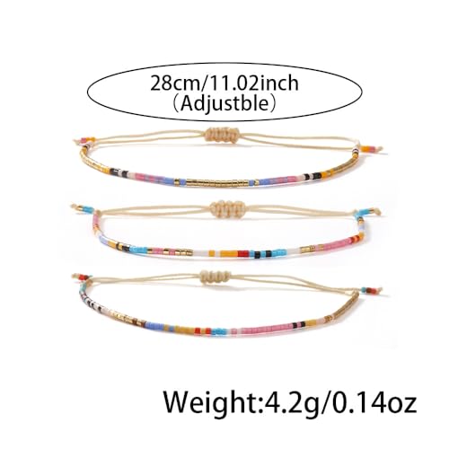 Seed Beaded String Rope Adjustable Bracelets Set for Women Men, Small Colorful Boho Rice 3Pcs Stack Handmade Thin Jewelry, Daily Beach Vacation Friendship Gift - color: Pink Purple H
