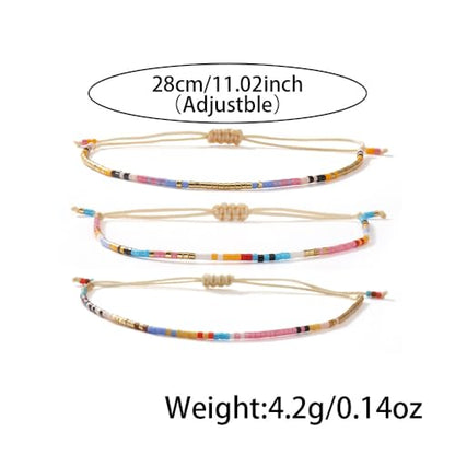 Seed Beaded String Rope Adjustable Bracelets Set for Women Men, Small Colorful Boho Rice 3Pcs Stack Handmade Thin Jewelry, Daily Beach Vacation Friendship Gift - color: Pink Purple H