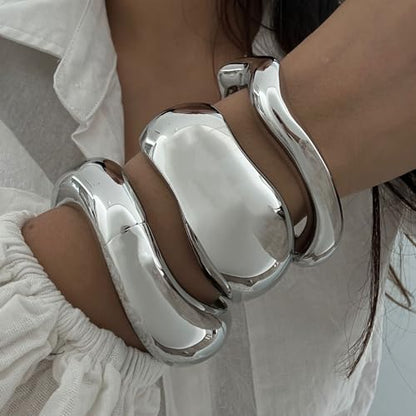 Big Chunky Gold Bracelets Set for Women 3Pcs Cuff Wide Bracelet Trendy High Shine Bracelets Minimalist Open Wide Cuff Bracelets Gold Bangle Bracelet Jewelry for Women - style: A-Silver