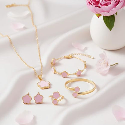 Clover Jewelry Set for Women Non Tarnish Gold-Tone Five Leaf Clover Necklace, Earrings, Ring, Bracelet Fashion Simple Floral Jewelry Set - color: Pink