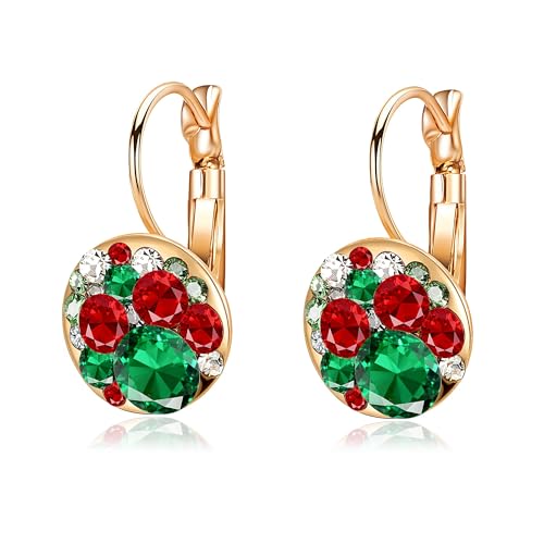 Multicolored Austrian Crystal Leverback Earrings for Women 14K Gold Plated Dangle Hoop Earrings Hypoallergenic Jewelry - color: Green Red Main Crystals / Christmas Glow