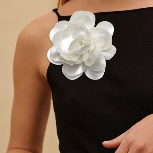 2Pack 6inch Extra Large Satin Brooches Lapel Pins Dainty Elegant Fabric Camellia Rose Flower Brooch Pin for Women Wedding Part Dance Clothes Accessories Jewelry - color: White