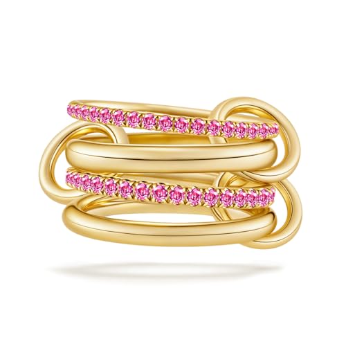 COLOYAN 18K Gold Plated interlocked Stackable Rings for Women Non Tarnish | Dainty Pink White Cubic Zirconia ring, Durable Comfortable Multi Ring Jewelry Gift Christmas Anniversaries Valentine's Day - color: Gold-Pink, size: 10