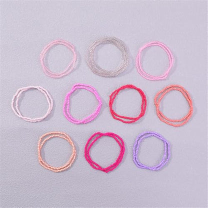 18Pcs Boho Stackable Beaded Bracelets for Women Colorful Handmade Multilayered Rice Beads Anklets Set Summer Beach Bohemian Jewelry Gift - color: Style 2 Pink