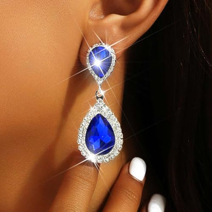 Catery Crystal Wedding Earrings Silver Rhinestone Ear Rings Teardrop Bridal Ear Jewelry for Brides and Women - color: Blue