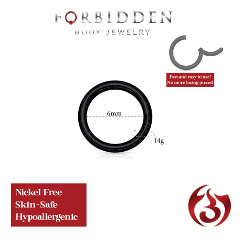 Forbidden Body Jewelry 316L Surgical Steel Hinged Seamless Nose Rings Hoop 14G 16G 18G, Diameter 6mm 8mm 10mm 12mm, Gold/Rose Gold/Silver/Black/Rainbow Colors. - style: 14g 6mm - Black