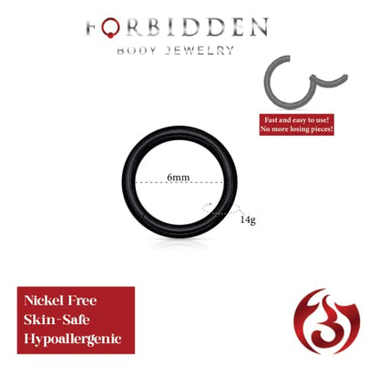 Forbidden Body Jewelry 316L Surgical Steel Hinged Seamless Nose Rings Hoop 14G 16G 18G, Diameter 6mm 8mm 10mm 12mm, Gold/Rose Gold/Silver/Black/Rainbow Colors. - style: 14g 6mm - Black