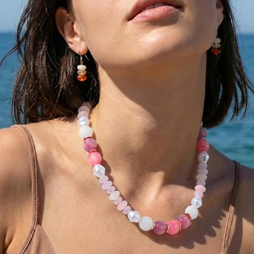 RISHEGAE Chunky Beaded Necklace for Women Boho Resin Beaded Choker Necklace Adjustable Surfer Beach Strand Necklaces Gold Handmade Acrylic Beads Jewelry Gift for Women - color: Style 2pink