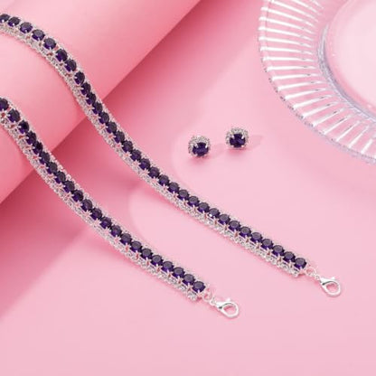 Women Rhinestone Crystal Jewelry Set Crystal Tennis Design Rhinestone Choker Necklace Link Bracelet Teardrop Earrings Set Wedding Bridal Bridesmaids Party - color: Silver Plated Purple Crystal