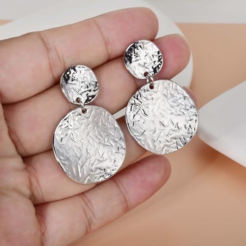 Large Geometric Drop Dangle Earrings for Women Pearl Teardrop Disc Rectangle Oval Fishtail Shell Shaped Textured Dangle Studs Earrings for Women - color: Silver-Disc