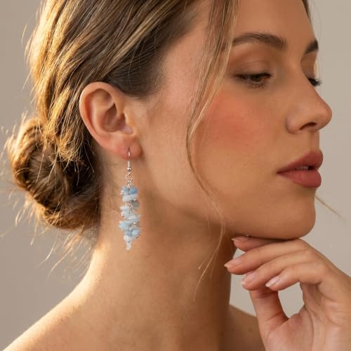 Nupuyai Natural Tumbled Stones Earrings for Women, Reiki Healing Crystal Long Dangle Hook Eardrop - color: #3-Blue