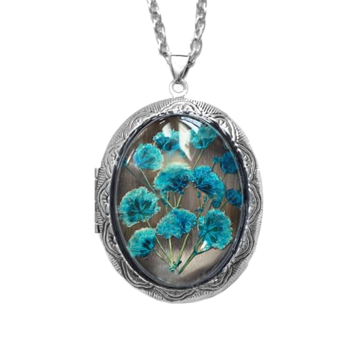Handmade Oval Shaped Photo Locket with dried Pressed Flowers Locket pendant Necklace - style: Blue Baby's Breath-Silver