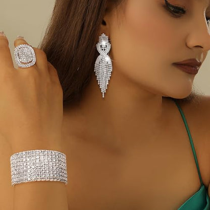 Rhinestone Bridal Jewelry Set for Women Earrings Bracelet Ring | Sparkling Rhinestone, Stretch Bracelet Ring, Dangle Tassel Earrings Set, Costume Jewelry, Rhinestone Jewelry Set for Women - style: Set 01