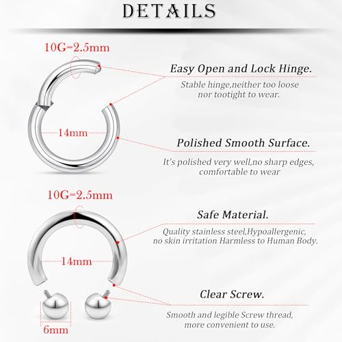 18G-2G Septum Rings 316L Surgical Steel Horseshoe Gauges Earrings Septum Nose Ring Silver Cartilage Helix Tragus Daith Rook Earring Hoop Lip Piercing Jewelry for Women Men - style: 10G(2.5mm)-Dia:14mm
