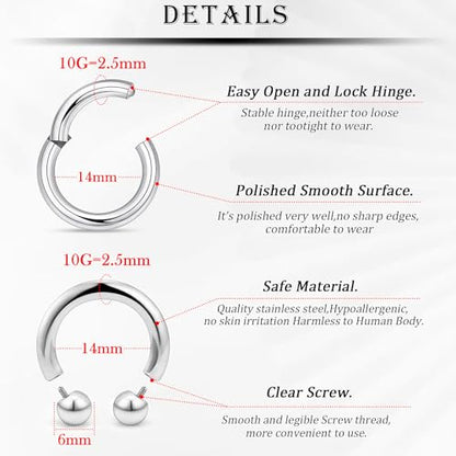 18G-2G Septum Rings 316L Surgical Steel Horseshoe Gauges Earrings Septum Nose Ring Silver Cartilage Helix Tragus Daith Rook Earring Hoop Lip Piercing Jewelry for Women Men - style: 10G(2.5mm)-Dia:14mm