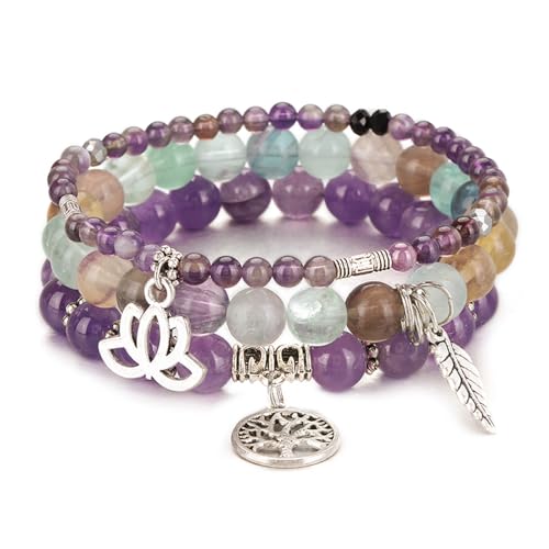 Tree of Life Yoga Healing Stone Bracelets,Multilayer Lotus Chakra Stone Reiki Bracelet Sets,Anxiety Crystal Natural Stone,for Women Stress Relief - style: Amethyst + Fluorite