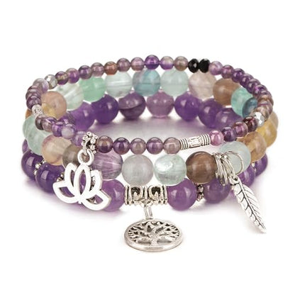 Tree of Life Yoga Healing Stone Bracelets,Multilayer Lotus Chakra Stone Reiki Bracelet Sets,Anxiety Crystal Natural Stone,for Women Stress Relief - style: Amethyst + Fluorite