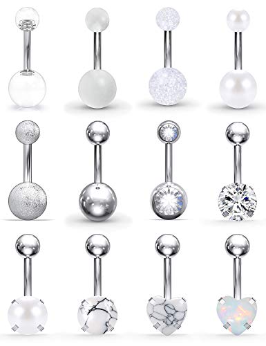 SCERRING Belly Button Rings 14G Stainless Steel Navel Belly Earring CZ Heart Opal Navel Ring Barbell Body Piercing Jewelry 12PCS - color: 12PCS - Silver