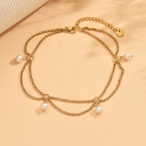 18K Gold Plated Waterproof Summer Beach Ankle Bracelets for Women | Starfish Sea Shell Pearls CZ Diamond Dangle Anklets - style: 4 Pearls Drop-Gold
