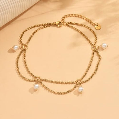 18K Gold Plated Waterproof Summer Beach Ankle Bracelets for Women | Starfish Sea Shell Pearls CZ Diamond Dangle Anklets - style: 4 Pearls Drop-Gold